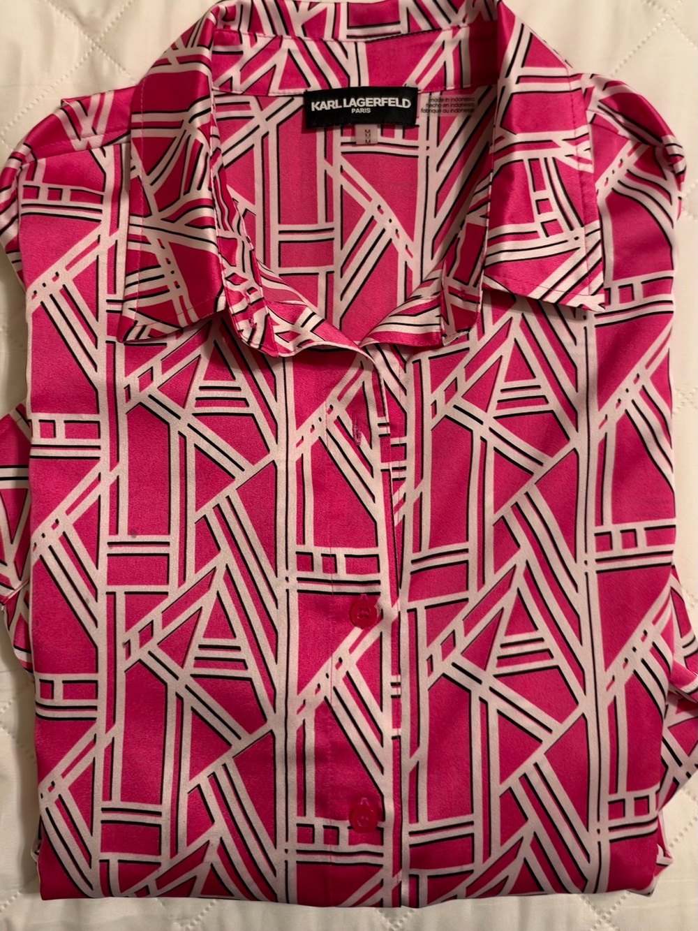 EUC Karl Lagerfeld Hot Pink Satin Blouse Size M